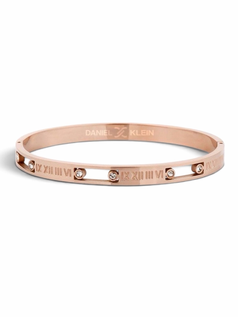 Daniel Klein Rose Gold Stainless Steel Roman Numeral Crystal Bangle Bracelet